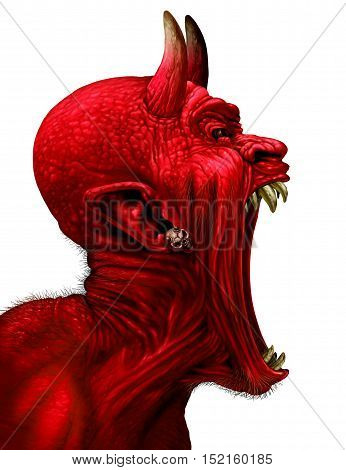 Devil scream character as a red demon or monster sreaming with fangs and teeth with in an open mouth as a side view horror face isolated on a white background with 3D illustration elements.