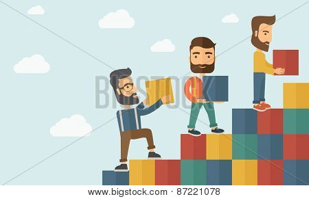 Three hipster Caucasian men with beard carrying blocks putting one by one going up as a sign of increasing sales. Team building concept.  A contemporary style with pastel palette soft blue tinted