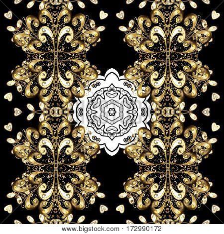 Floral Tiles. Islamic Design. Seamless Pattern Oriental Ornament. Golden Pattern On Black Background