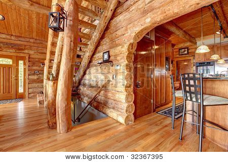 Log Cabin Kitchen And Staircase Interior.