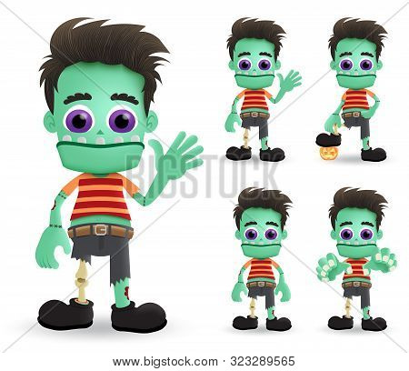 Zombie Halloween Vector Characters Set. Scary Zombie Halloween Monster Character Creature Standing A