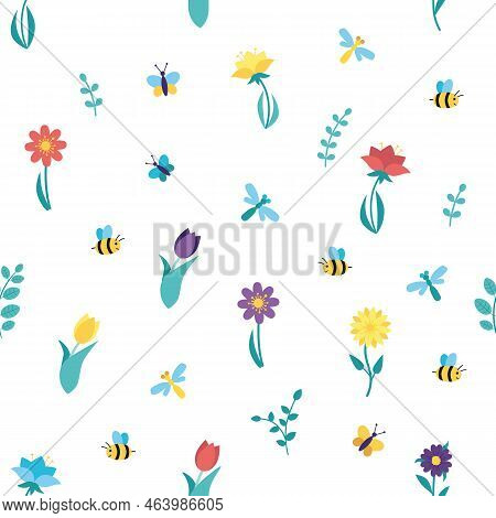 Pattern With Spring Flowers, Butterflies, Bees And Dragonflies.