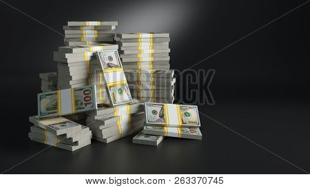 Batches with dollars. Heaps of paper money packs. Million jackpot winning in lottery, symbol of riches and luxury. American (USA) dollar currency. Finances and banking concept. 3d rendered raster.