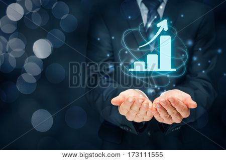 Business growth analysis concept. Businessman plan growth and increase of positive indicators in his business.