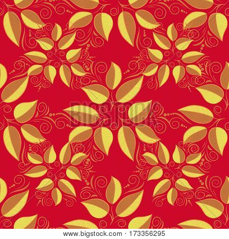 Leaves. Floral Red Background Floral Seamless Texture.