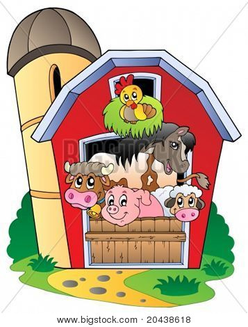 Barn with various farm animals - vector illustration.