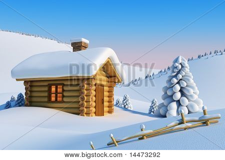 log house and fir-tree in snow-drift mountain landscape