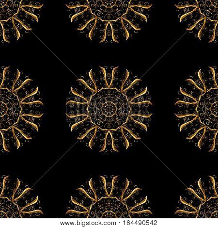 Seamless Vintage Pattern On Dark Blue Background With Golden Elements. Christmas Snowflake New Year.