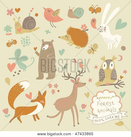 Vector set of cute wild animals in the forest: fox, bear, hedgehog, rabbit, snail, deer, owl, bird, mouse. Vintage set.