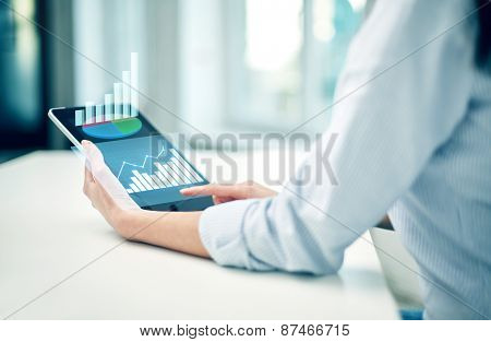 business, technology, statistics, progress and people concept - close up of woman with tablet pc computer showing growing charts at office or home