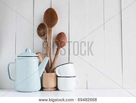 Coffee Pot, Enamel Mugs And Rustic Spoons