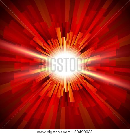 Shining a flash of light in the red tunnel; Abstract background of the fiery explosion and scattering rays; Release of powerful energy; Eps10