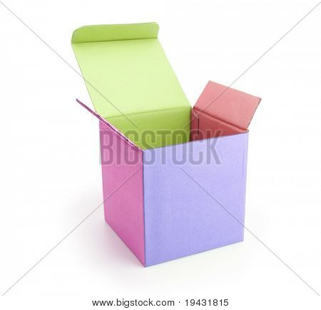 Colorful box with lid open isolated on white