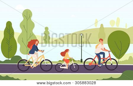 Family Riding Bikes. Happy Parents Daughter Cycling Bicycles Together In Outdoor Park Active Lifesty