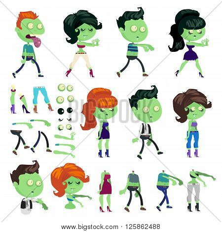 Big set of a zombies and body parts isolated on white background. Zombie men and women in cartoon style. Zombies without heads. Vector illustration.