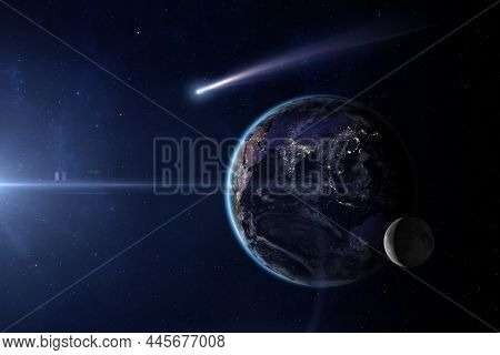 View Of Planet Earth, Moon And Comet From Space. Beautiful Space Background With Planet Earth, Moon 