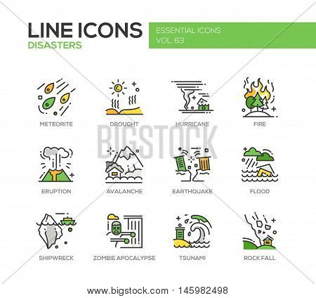 Disasters - set of modern vector line design icons and pictograms. Meteorite, drought, hurricane, fire, volcano eruption, avalanche, earthquake, flood, shipwreck, zombie apocalypse tsunami rock fall