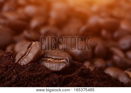 Closeup Of Coffee Beans At Roasted Coffee Heap. Coffee Bean On Macro Ground Coffee Background. Arabi