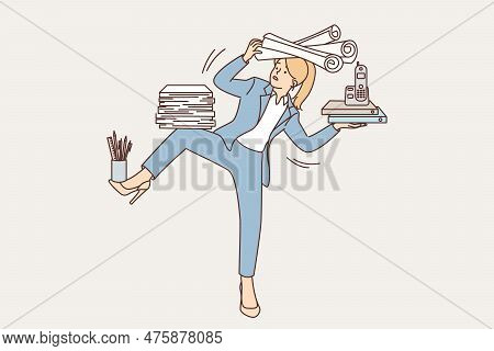 Businesswoman Holding Office Supplies And Falling Over From Overloading Due To Lot Of Work And Lack 