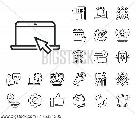 Notebook With Mouse Cursor Sign. Place Location, Technology And Smart Speaker Outline Icons. Laptop 