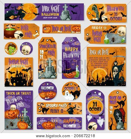 Halloween spooky party tag and label set. Horror ghost, Halloween pumpkin in witch hat and scary bat, creepy skeleton skull, haunted house with cemetery, grave and zombie for autumn holiday design