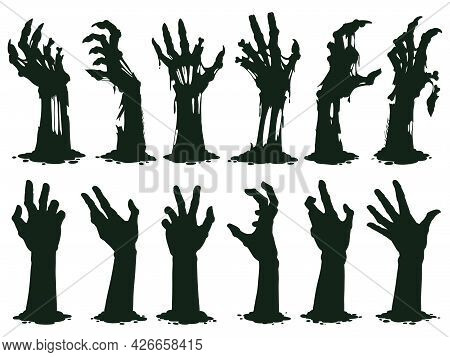 Zombie Hands Silhouette. Creepy Zombie Crooked Lambs Stick Out Of Graveyard Ground Vector Illustrati