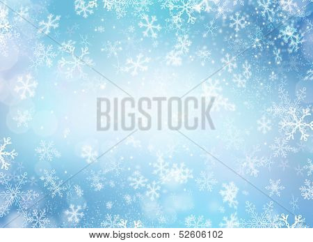 Winter Holiday Snow Background. Christmas Abstract Backdrop with Snowflakes. Blue Color