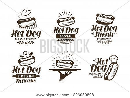 Hot Dog Logo Or Label. Fast Food, Takeaway Icon. Lettering Vector