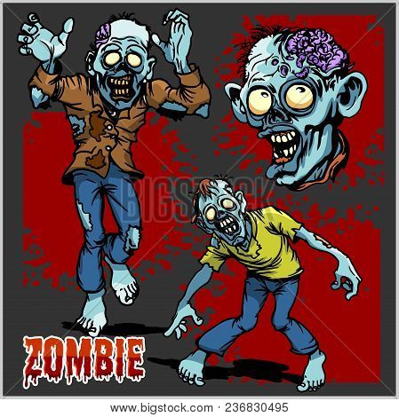 Zombie Comic Set - Cartoon Zombie. Set Of Color Drawings Of Zombies On Dark Background.