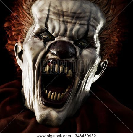 Frightening Scary Clown With Sharp Fangs Piercing The Darkness Toward You. 3d Rendering