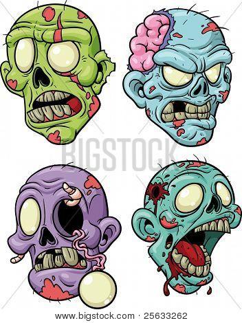 Four cartoon zombie heads. All in separate layers for easy editing.