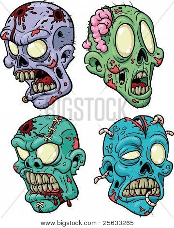 Four cartoon zombie heads. All in separate layers for easy editing.