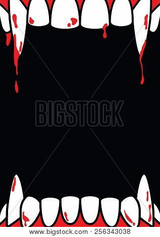 Halloween A4 Frame Blank Poster With Dracula Fang On Black Background Ilustration Vector. Halloween 