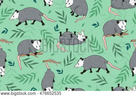 Seamless Pattern With Cute Opossums And Leaves. Vector Image.