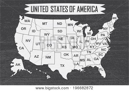 Poster map of United States of America with state names. Black and white print map of USA for t-shirt, poster or geographic themes. Hand-drawn font and black map with states. Vector Illustration