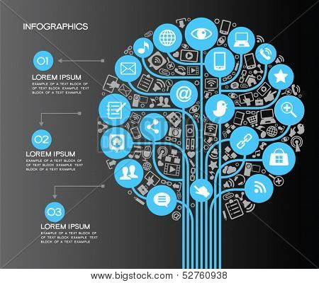 A modern set of infographics and icons Social Media. Icons of network and technology in the form of a tree. Template with text and numbers. Background to the concept of adverse communication.