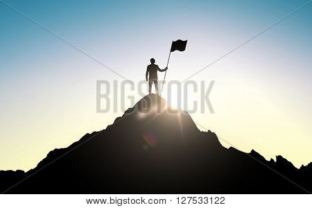 business, success, leadership, achievement and people concept - silhouette of businessman with flag on mountain top over sky and sun light background