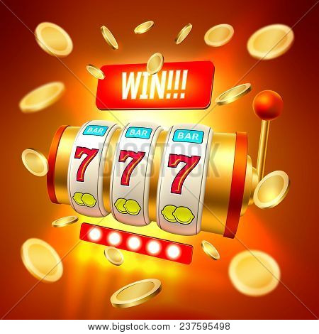 Golden Slot Machine With Handle, Triple Seven 777 Lucky Numbers With Golden Conis, Win. 3d Casino An