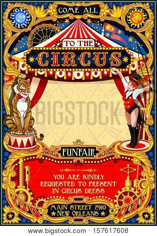 Circus animal trainer show Retro Template. Cartoon Poster Invite. Kids game Birthday Party Insight. Carnival festival Background Animal Lion Tiger Cabaret Vintage vector background. Animal Tamer theme.