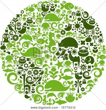 Green globe outline made from birds, animals and flowers icons