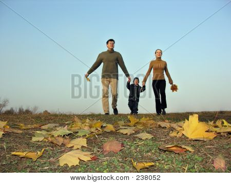 Walking Family Sundown Autumn Leaves