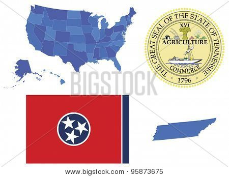 Vector Illustrator of Tennessee state,contains: High detailed map of USA High detailed flag of state Tennessee High detailed great seal of state Tennessee State Tennessee,shape