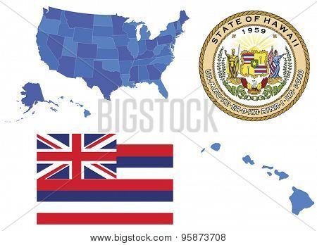 Vector Illustration of Hawaii state, contains: High detailed map of USA High detailed flag of state Hawaii High detailed great seal of state Hawaii State Hawaii,shape