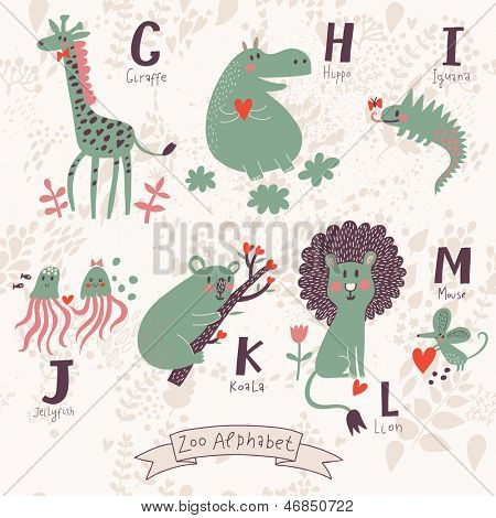 Cute zoo alphabet in vector. G, h, i, j, k, l, m letters. Funny animals in love. Giraffe, hippo, iguana, jellyfish, koala, lion, mouse.