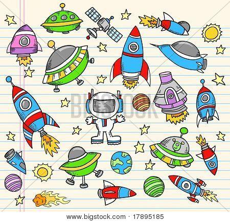 Outer Space Doodle notebook Elements Vector Illustration Set