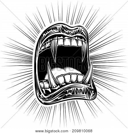 Open mouth with fangs of a toothy vampire on a Halloween. Disclosed jaws with sharp teeth. Vector hand drawing illustration of a tattoo in black ink retro vintage graphic style for a stamping print