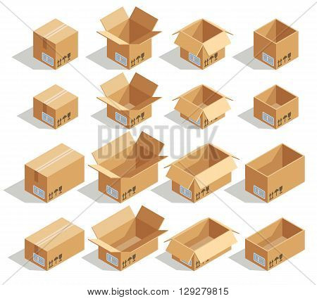 Vector isometric cardboard boxes. Box cardboard, box package, box packaging, box icon, box isolated illustration