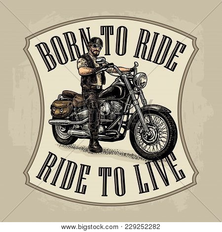 Man In The Motorcycle Helmet And Glasses Riding A Classic Chopper Bike. Side View. Born To Ride, Rid