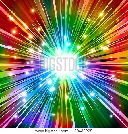 The Burst with rainbow rays and sparkles; Vector background of the explosion of powerful energy; Eps10