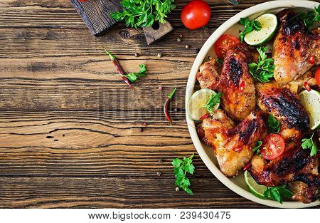 Chicken Wings Of Barbecue In Sweetly Sour Sauce. Picnic. Summer Menu. Tasty Food. Top View. Flat Lay